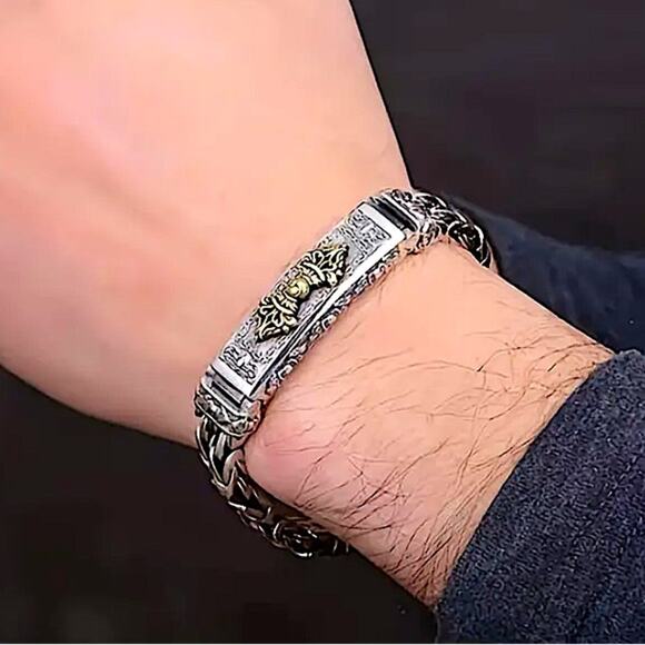 Stainless Steel Chain Link Bracelet, Mantra, Curb Hand Woven Engraved - Picture 4 of 6